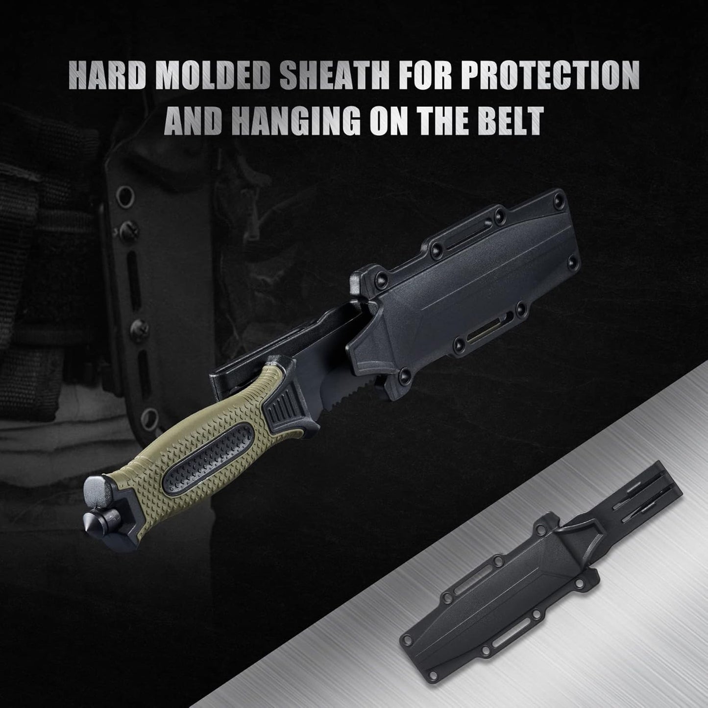 10" Fixed Blade Tactical Knives with Sheath and Clip, Stainless Steel Survival Hunting Bushcraft Full Tang Non-Slip Handle Knife for Camping, Hunting, Adventure, Outdoors, EDC，Military Green