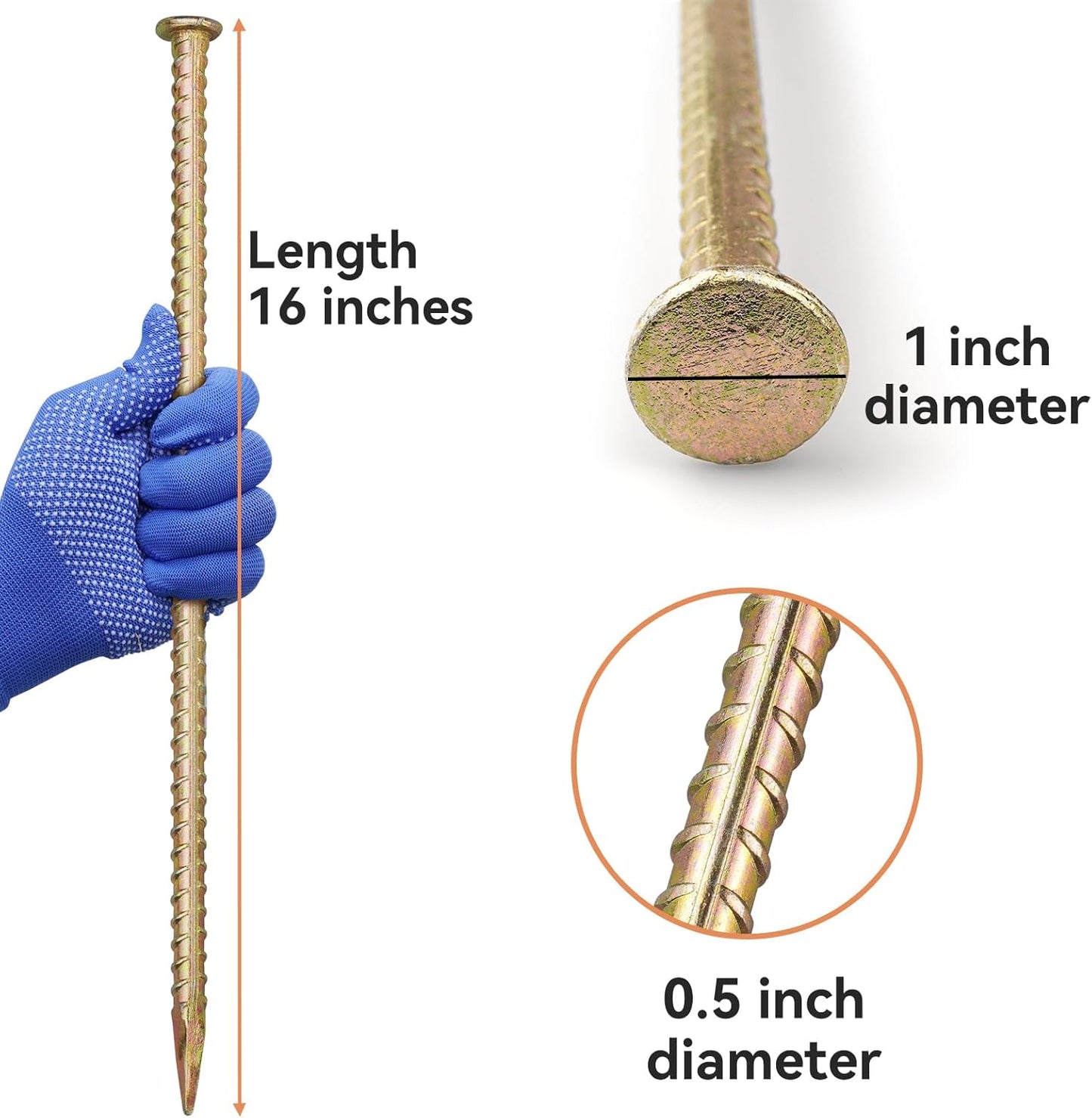 16 Inch Rebar Stakes - 1/2 Inch Diameter Galvanized Steel Ground Anchors - Heavy Duty Plant Support Garden Stake for Speed Bump, Wheel Stop, Tent (20 Pack)