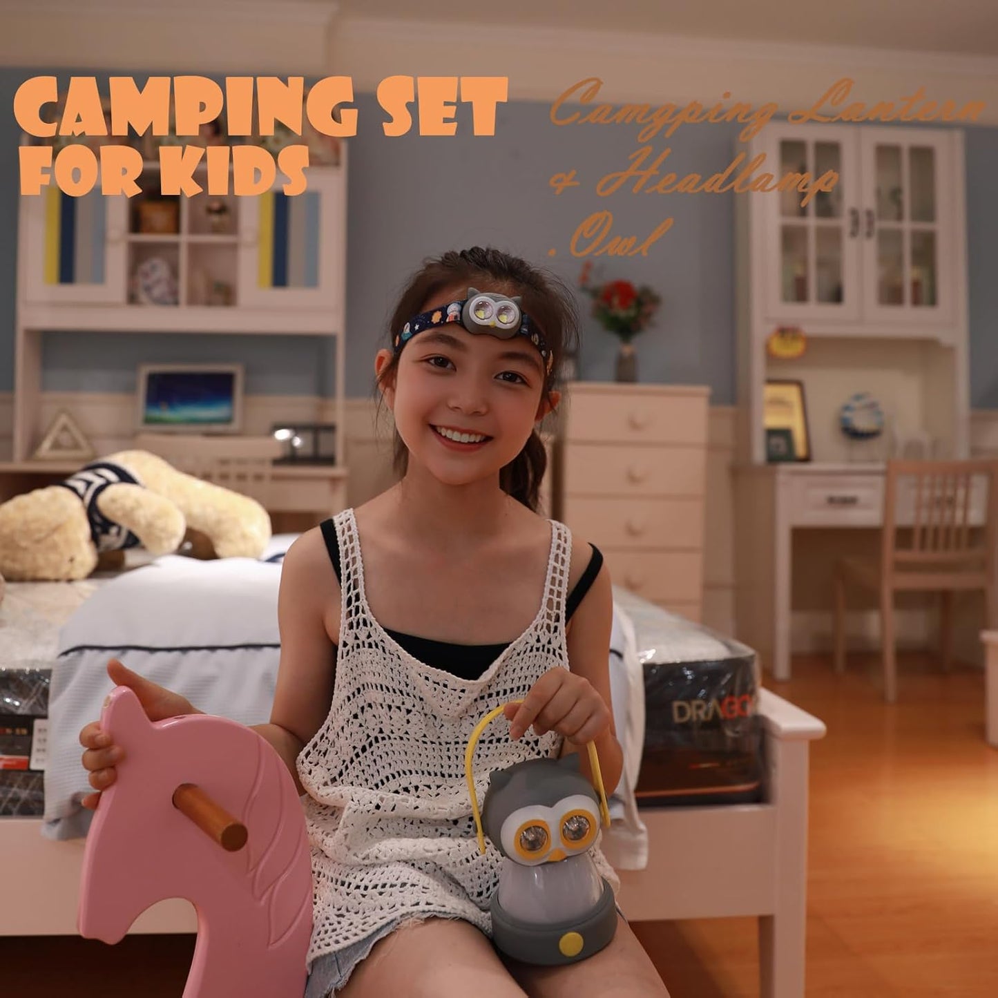 Kids Owl Lantern & Headlamp Set, 2-in-1 360° LED Camping Night Light, Battery Powered 3×AA, Child-Safe ABS, Portable Adventure Toy & Bedroom Night-Light (Pink Owl Lantern-Headlmp)