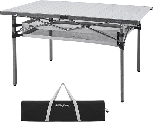KingCamp Folding Camping Table, Aluminum Roll-Up Camp Table, Large Foldable Table for 6-8 Person, Outdoor Portable Tables with Carry Bag, 120 LBS Heavy Duty Load (Silver+Mesh：53.5"x27.5")