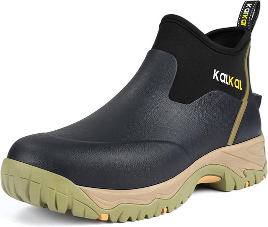 Kalkal Men's Rubber Boots, Waterproof Ankle Rain Boots, Insulated Working Booties with Comfortable Sports Sole, Outdoor Mud Boots for Yard Chore