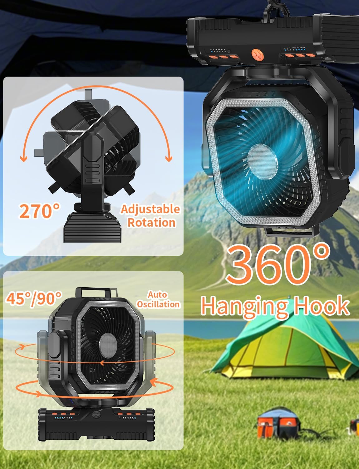 12 Inch Camping Fan,40000mAh Portable Fan with LED Lantern Light,Cool white & Warm White Dimmable Fans, Oscillating Fan with 360° Rotation Hanging Hook for Tents, Cordless USB Desk Fan(Black)