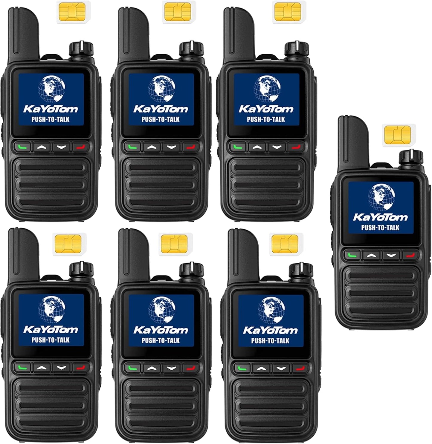 KAYOTOM Lifetime Free Global Walkie Talkies Unlimited Range PTT Push-to-Talk Over Cellular Nationwide POC 4G Handheld Long Range Two Way Radio for Team Management (Black, 7-Pack)