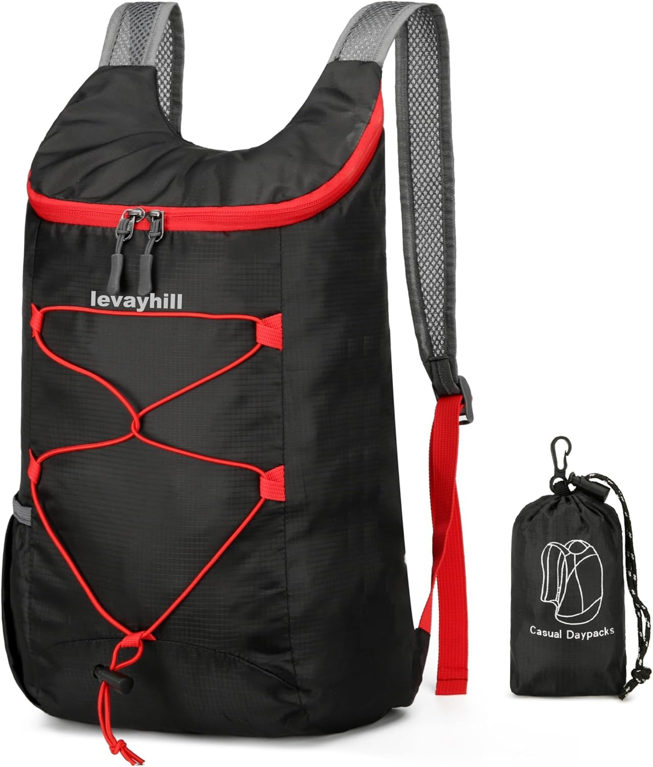 16L Lightweight Foldable Hiking-Backpack Small Packable-Daypack For Travel,Ultralight Water-Resistant Gym Bag Men Women Easy Carry-on (Black+Red)