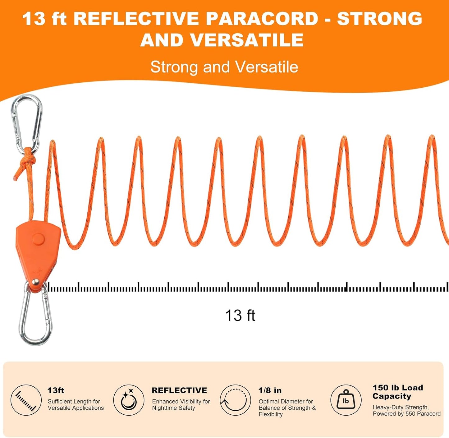 13ft Adjustable Outdoor Windproof Rope Ratchet Strap Tie Down Straps Small Mini Reflctive Paracord Rope Tent Hanger Grow Light Kayak 5/32" 4 Pack