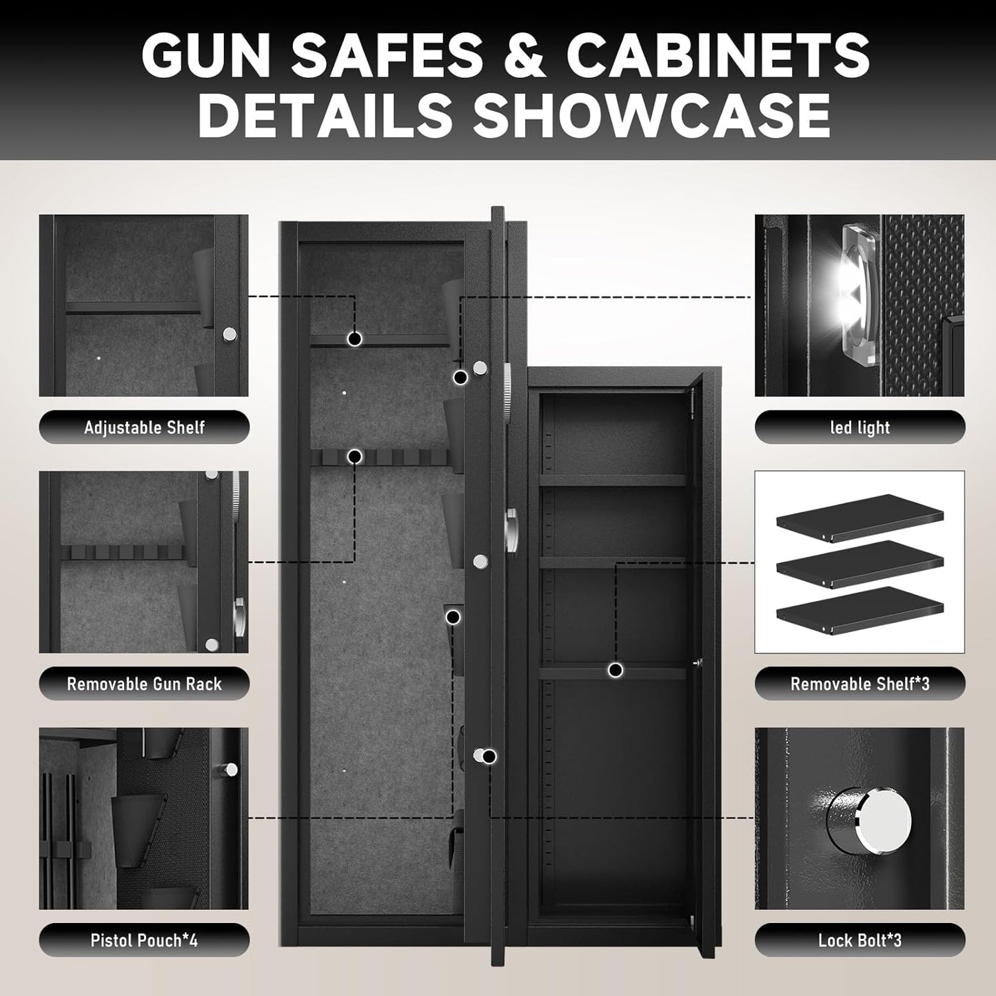 KAER 8-10 Gun Safe, Large Gun Safe for Rifles and Pistols, Quick Access Home Gun Rifle Safe and Storage Gun Cabinet with 4 Pistol Pouches and Removable Shelf for Shotgun, Firearm, Ammo