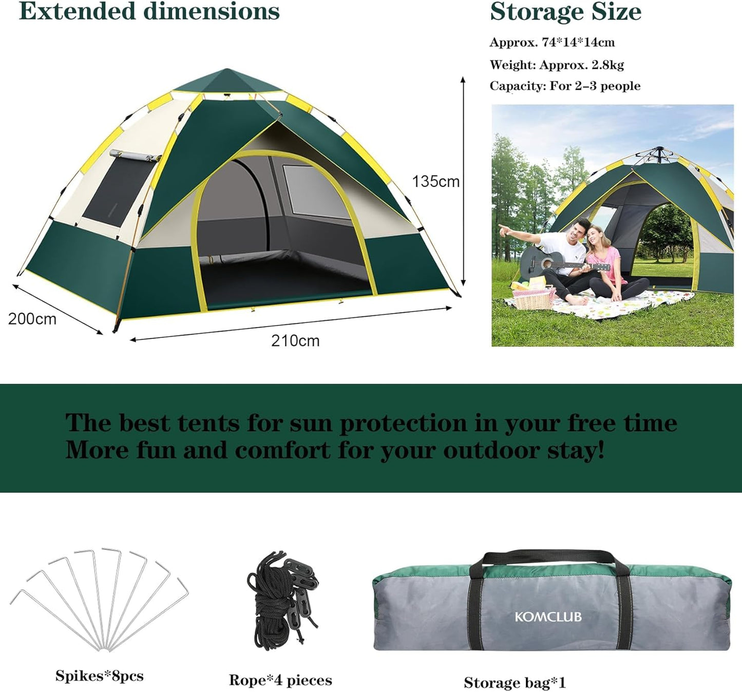 KOMCLUB Camping Tent Tents for Family Camp Tent Waterproof Windproof Outdoor for Backpacking Hiking Easy Setup with Storage Bag
