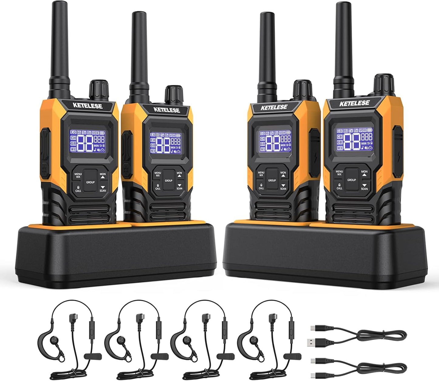 KETELESE T4 Long Range Walkie Talkies, Portable Two Way Radios IP67 Waterproof, with Earpiece, NOAA&Weather Alarm, PTT, Group, VOX, 4Pack, Orange