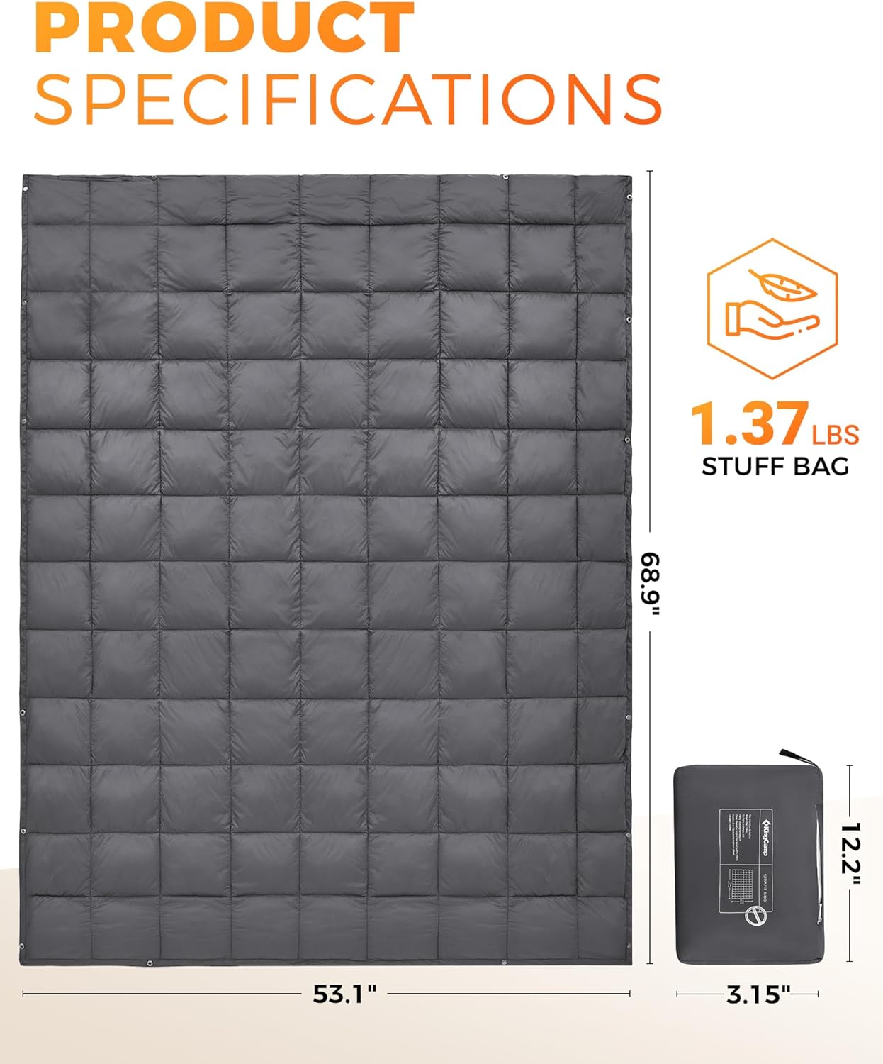 KingCamp Ultralight Camping Blanket, Packable Down Alternative Puffy Wearable Blankets Weatherproof Warm Package Quilt with Snap Buttons for Outdoor Hiking Travel Picnic Stadium (69" x 53", Charcoal)