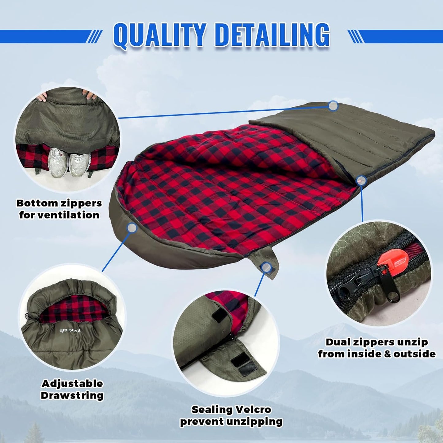 0 Degree Sleeping Bag Cotton Flannel Winter Cold Weather for Adults XXL Sleeping Bag 4 Season Big and Tall with Pillow Compression Sack