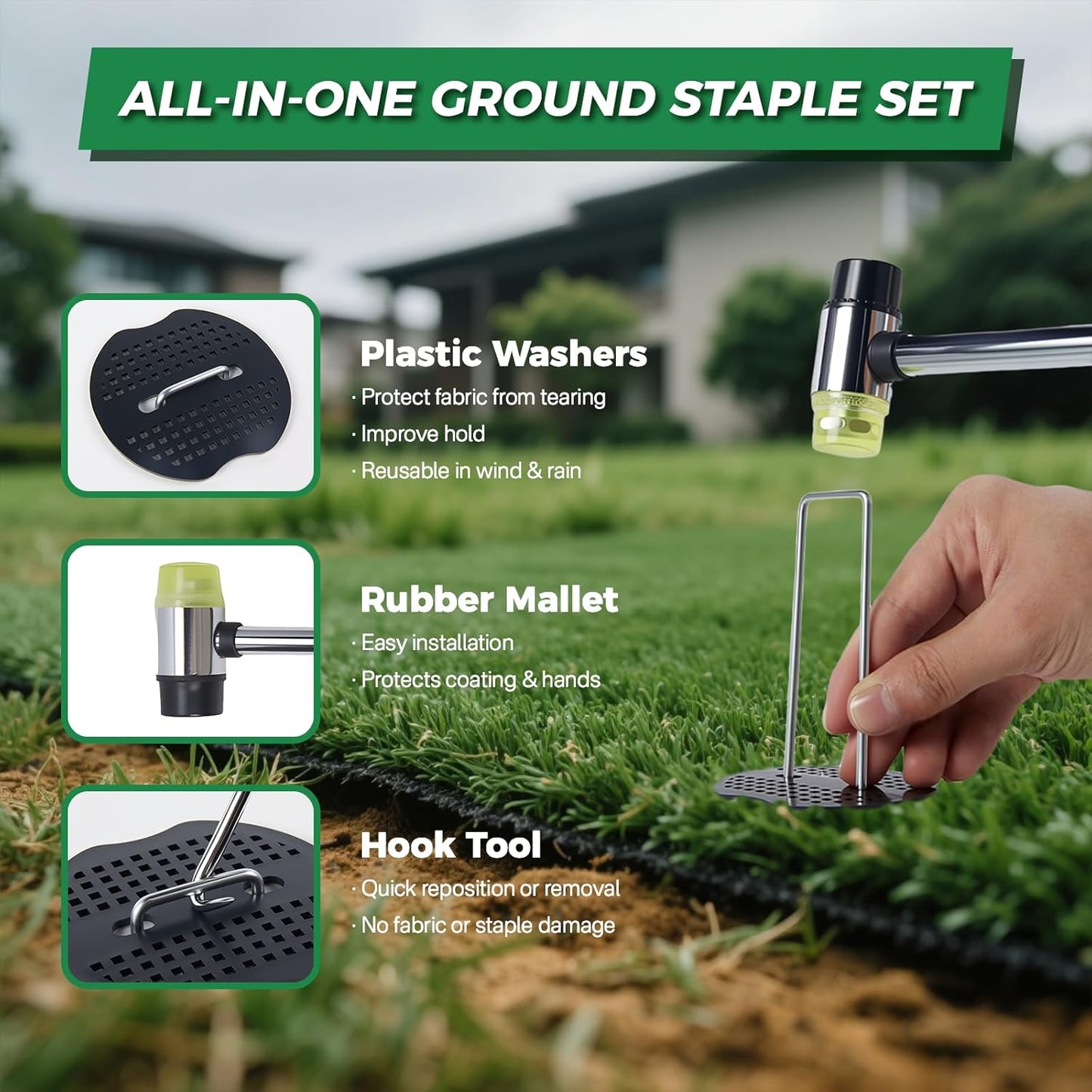 100Pcs Landscape Fabric Stakes 6 Inch + 100Pcs Gaske+Pick Hook+Rubber Mallet, Weed Barrier Stakes 11 Gauge U Shaped Galvanized Landscape Pins Yard Ground Pin for Weed Barrier Sod Fabric Decoration