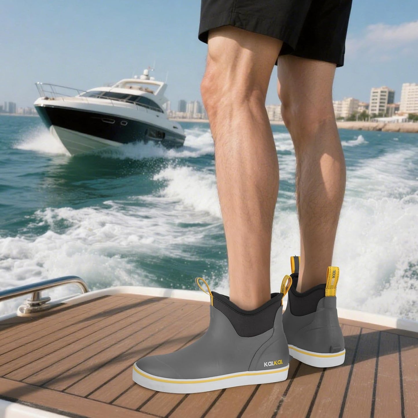 Kalkal Men's Deck Boots, Waterproof Fishing Rain Boots with High Traction, Men's Rubber Boots For Gardening Fishing Boating Camping Sailing