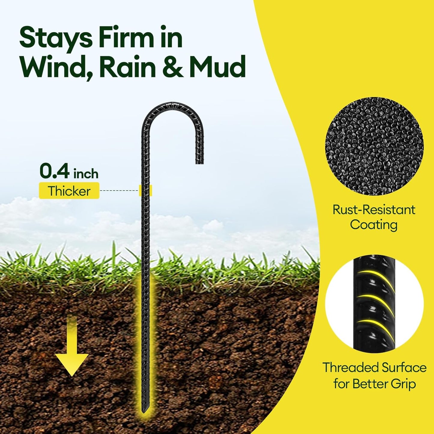 12 Inch Rebar Stakes Heavy Duty 10 Pack, J Hook Ground Stakes, Galvanized Steel Trampoline Stakes, Tent Anchor Kit Anti-Rust, Drip Hose Wind Stakes, Black