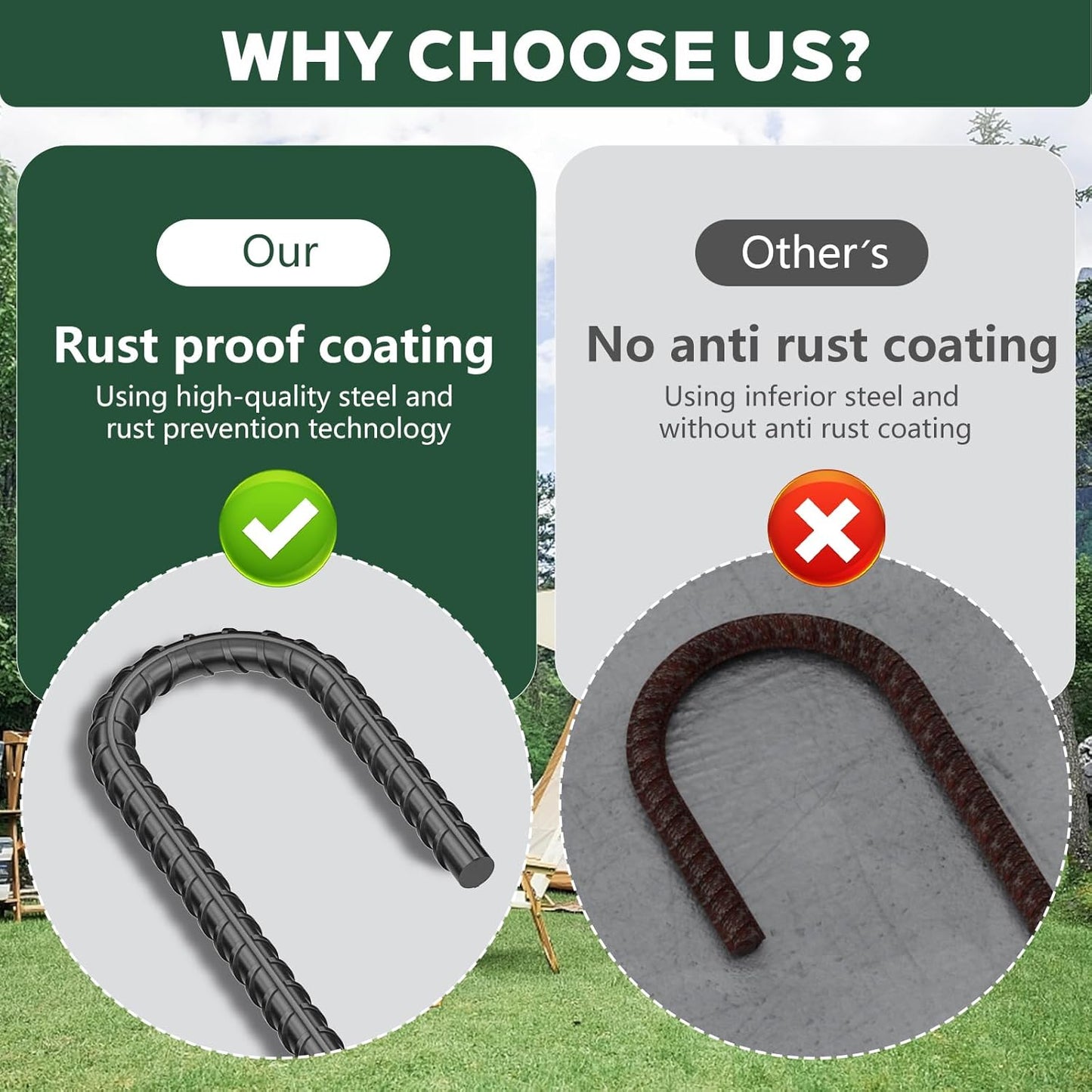 10 Pieces 12 Inch Long 5/16 Inch Diameter Rebar Tent Stakes Heavy Duty, Ground Anchors,Rebar Yard Fence Metal Lawn Bounce House Stakes Heavy Duty, Chain Link Fence J Hooks for Garden Wire Fencing