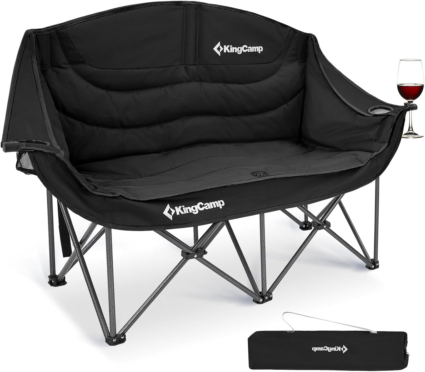 KingCamp Double Camping Chair, Oversized Heavy Duty 550lbs Loveseat for Adults Portable Folding XL 2 Person Couch Padded Comfortable Two Seat with Cup Holder for Outdoor Lawn Backyard, Black/Grey