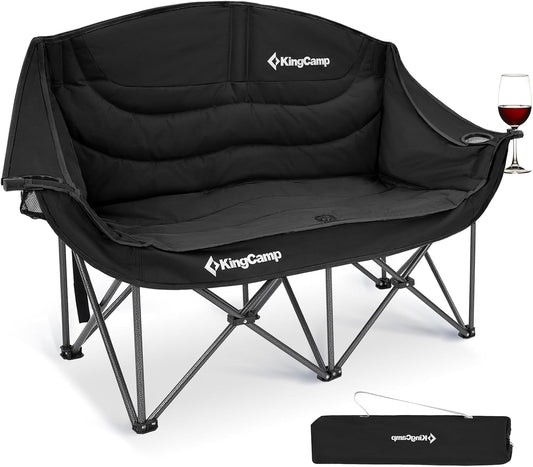 KingCamp Double Camping Chair, Oversized Heavy Duty 550lbs Loveseat for Adults Portable Folding XL 2 Person Couch Padded Comfortable Two Seat with Cup Holder for Outdoor Lawn Backyard, Black/Grey