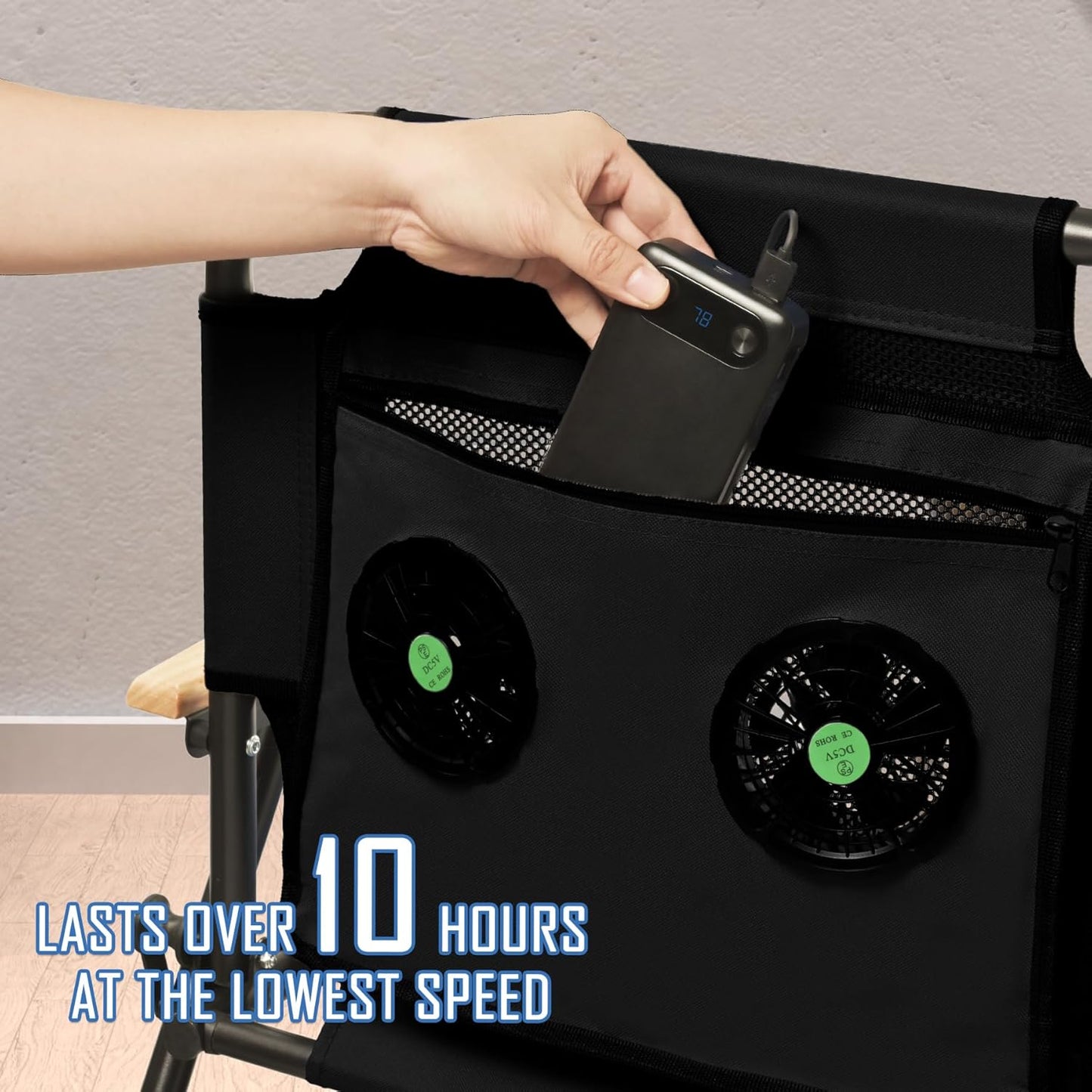 KNINE OUTDOORS Foldable Beach Chair Camping Chair with Fan, with USB-Powered Cooling System, for Camp, Beach, Fishing (Black)