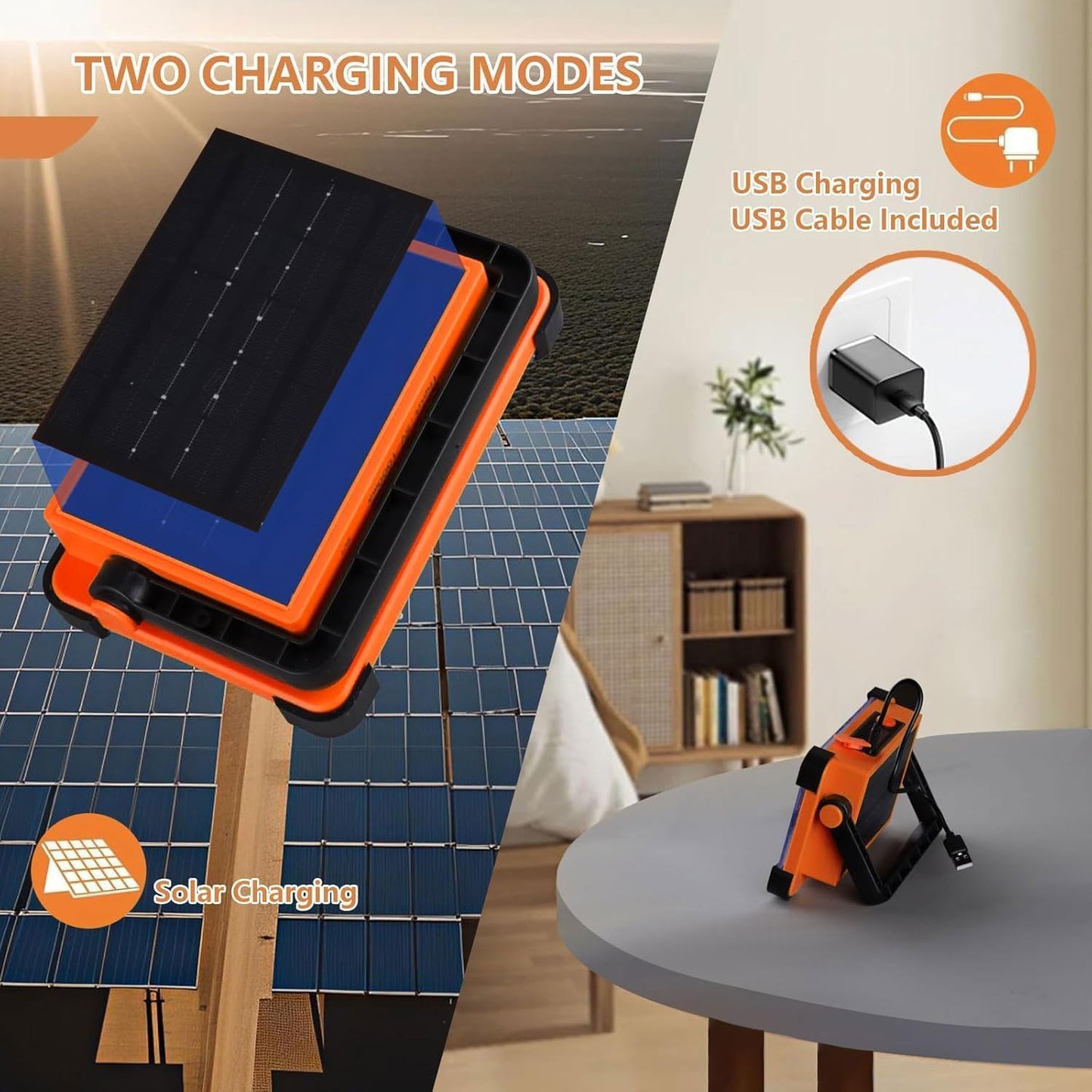 120W Solar Rechargeable Work Light, 144 LED 10000LM Portable Flood Light with Stand, IP66 Waterproof 4 Modes LED Job Site for Mechanic Camping Fishing Car Repair (Orange 1 Pack)