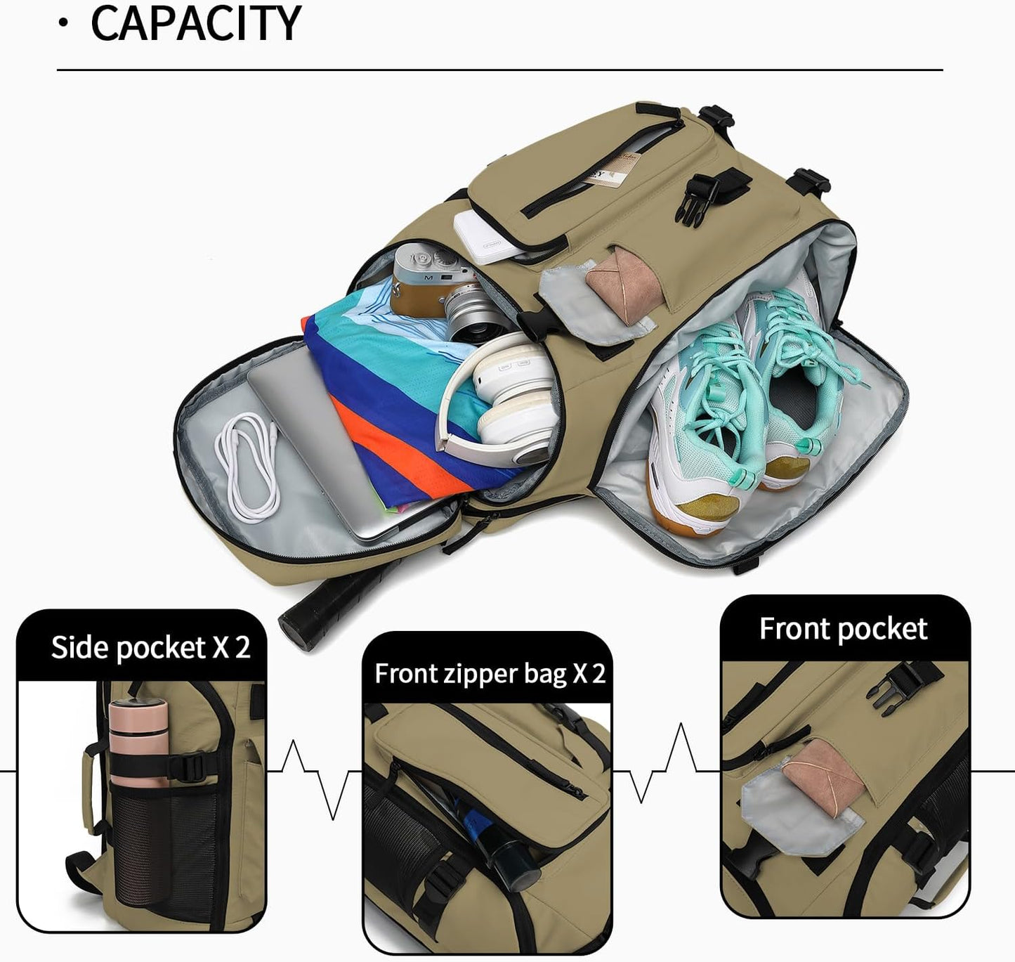 Kalesi Gym Duffle Tennis Bag Backpack 4-Way Waterproof with Shoes Compartment for travel Sport Hiking laptop (Wood color)