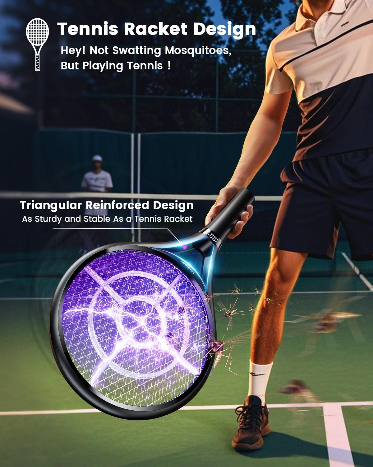 Minimoon Electric Fly Swatter with LED Display, 2000mAh Rechargeable Fly Swatter Racket, 2500V Bug Zapper Racket Dual Modes, Mosquito Killer Lamp with 3 Layers Safety Mesh for Indoor Outdoor Camping