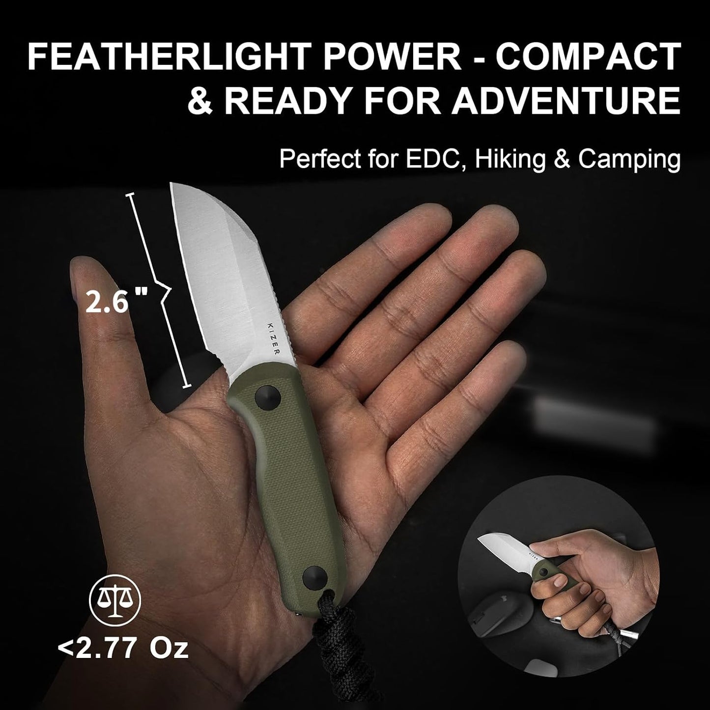 Kizer Drop Bear Fixed Blade Knife, 2.6" AEB-L Satin Blade EDC Camping Knife with Olive Green G10 Handle & Hidden Tools, Outdoor Full Tang Hunting Survival Knives with Adjustable Kydex Sheath 1093A1