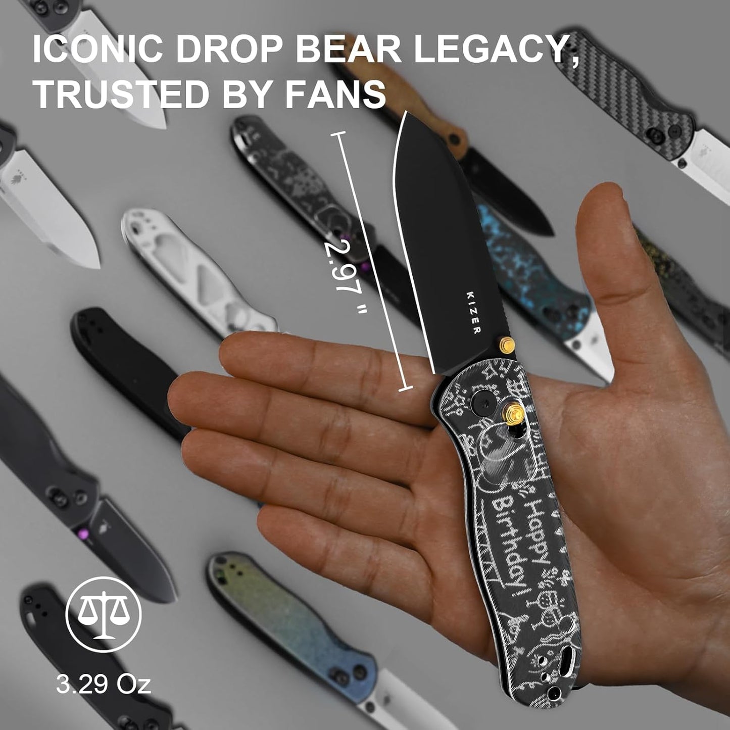 Kizer Drop Bear EDC Pocket Knife, 2.97” Nitro-V Blade Acrylic Handle Folding Knife, Birthday Gift for Father Mother Friends, Clutch Lock EDC Knives for Men Women V3619A13