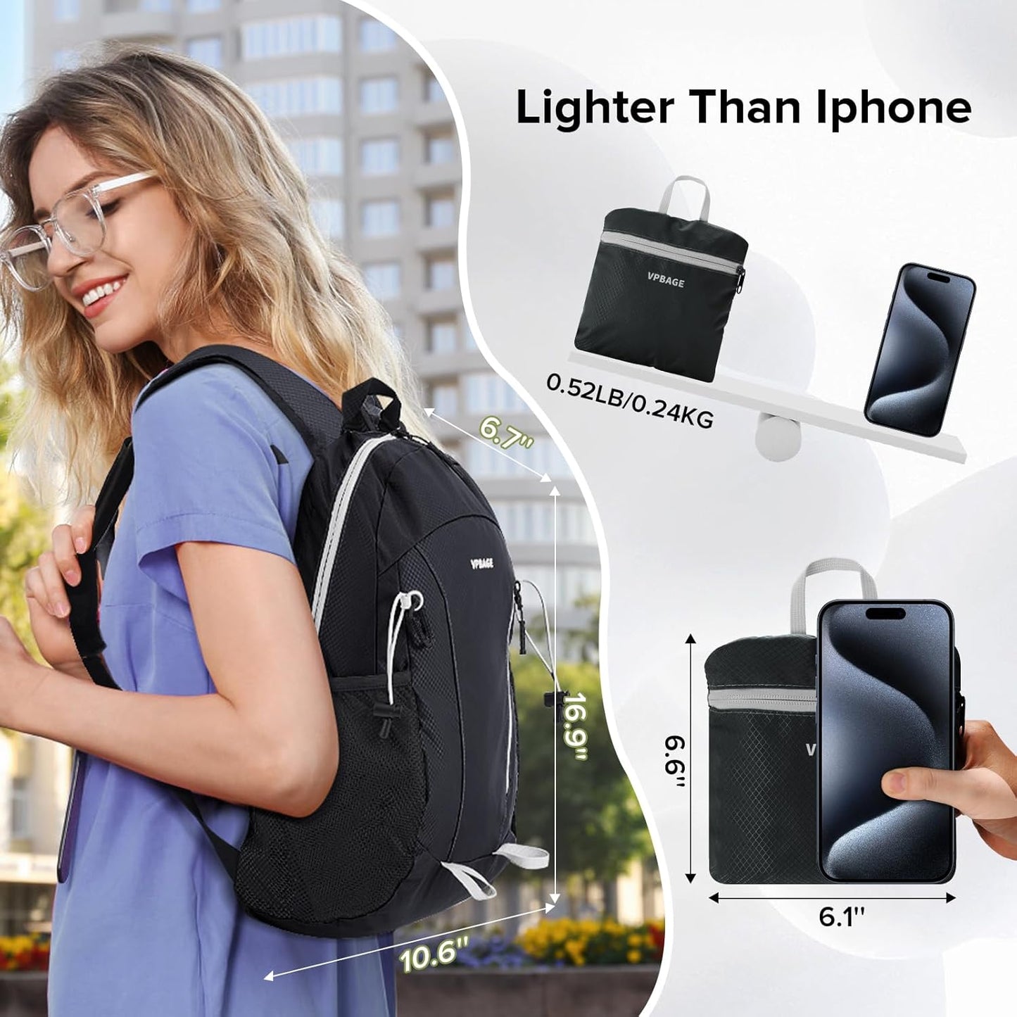 15L Water-resistant Hiking Daypack, Small Backpack Travel Outdoor, Lightweight Day Pack with Tool Loops