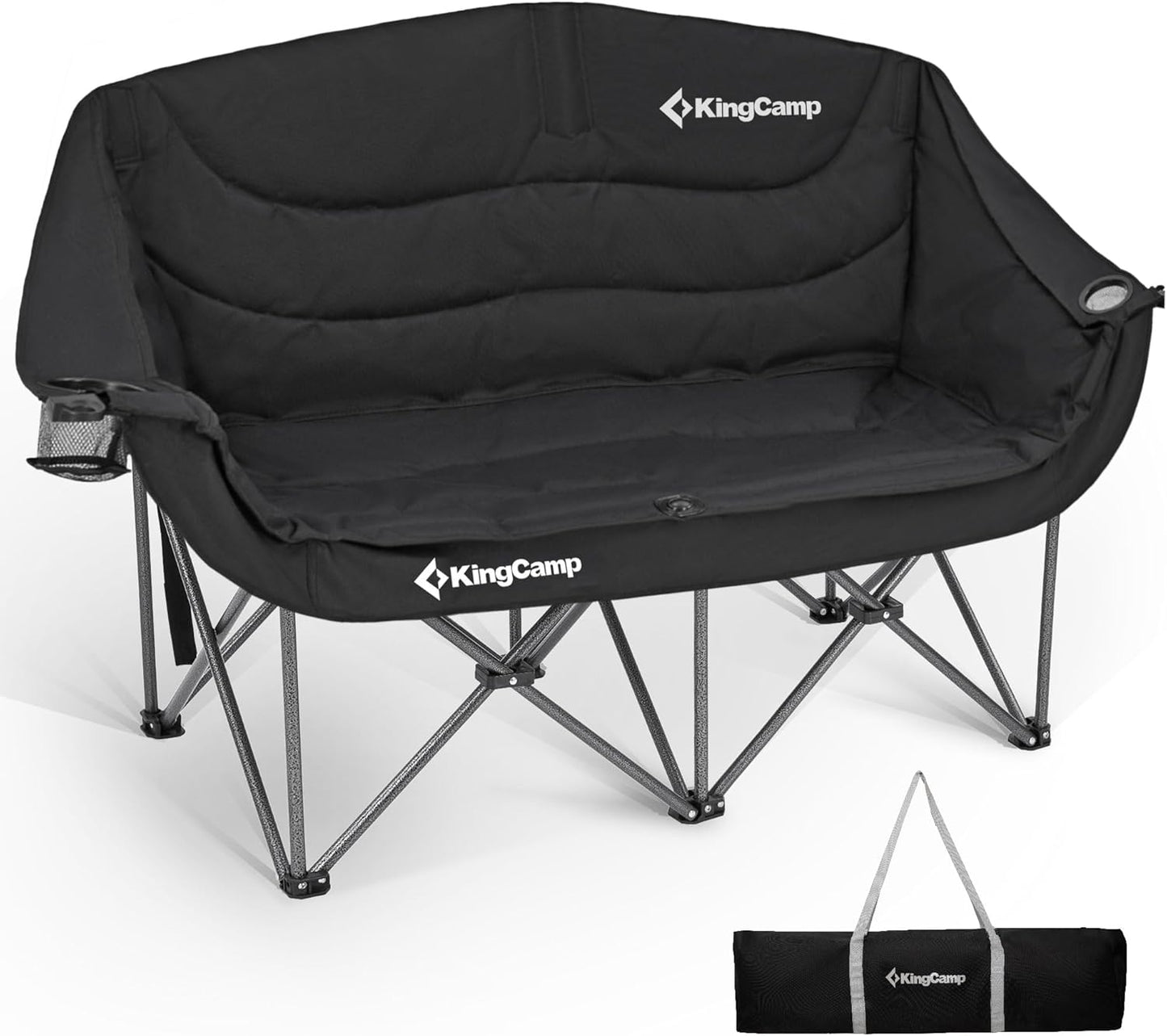KingCamp Double Camping Chair, Oversized 660lbs Heavy Duty Loveseat for Adults Portable Folding XL 2 Person Couch Padded Comfortable Two Seat with Cup Holder for Outdoor Lawn Backyard, Black