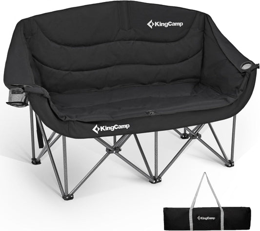 KingCamp Double Camping Chair, Oversized 660lbs Heavy Duty Loveseat for Adults Portable Folding XL 2 Person Couch Padded Comfortable Two Seat with Cup Holder for Outdoor Lawn Backyard, Black