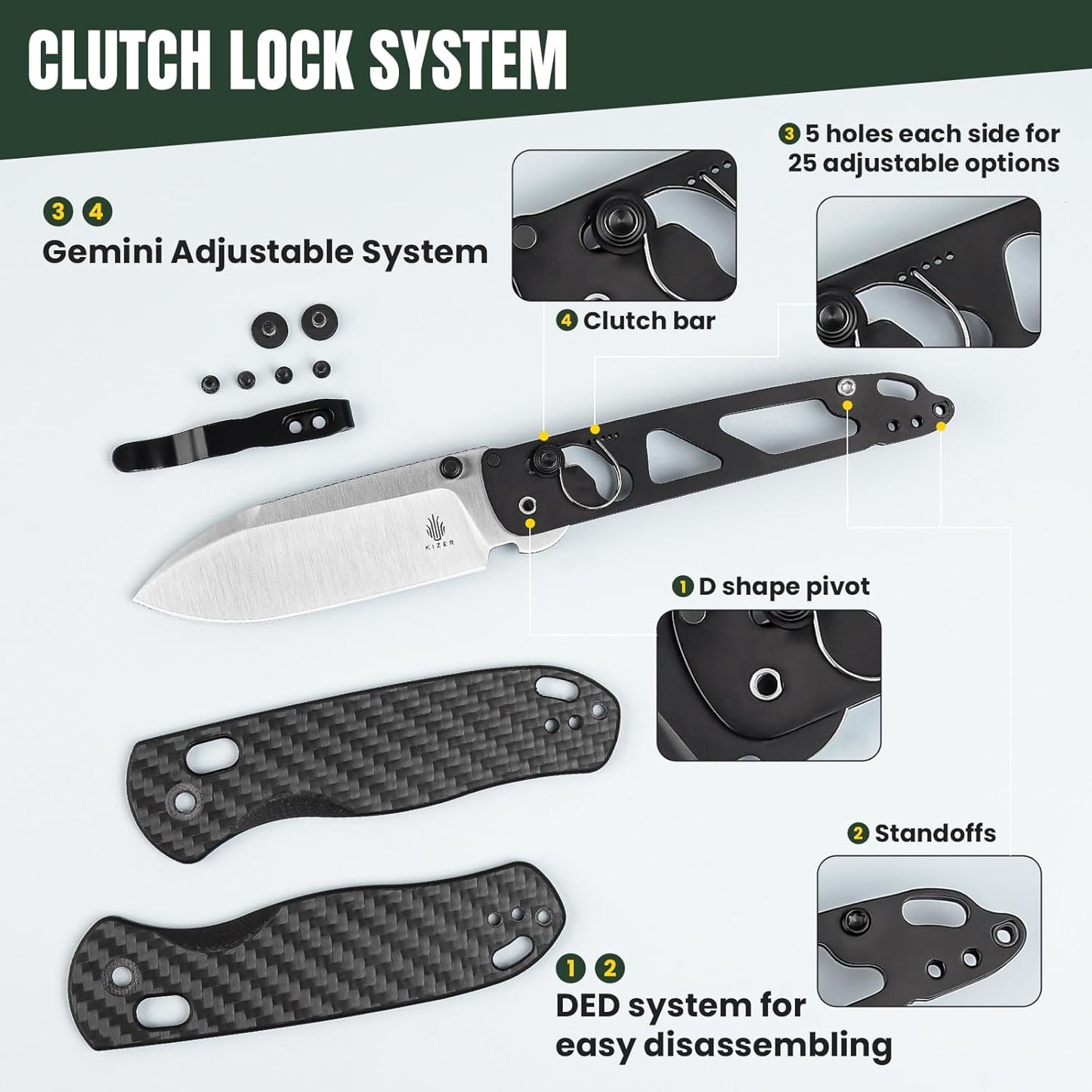 Kizer Drop Bear EDC Pocket Knife, 2.97” Nitro-V Steel Blade G10 Carbon Fiber Handle Folding Knife with Thumb Stud Opener, Lightweight Clutch Lock Camping Hunting Knife for Men Women Gift V3619A3