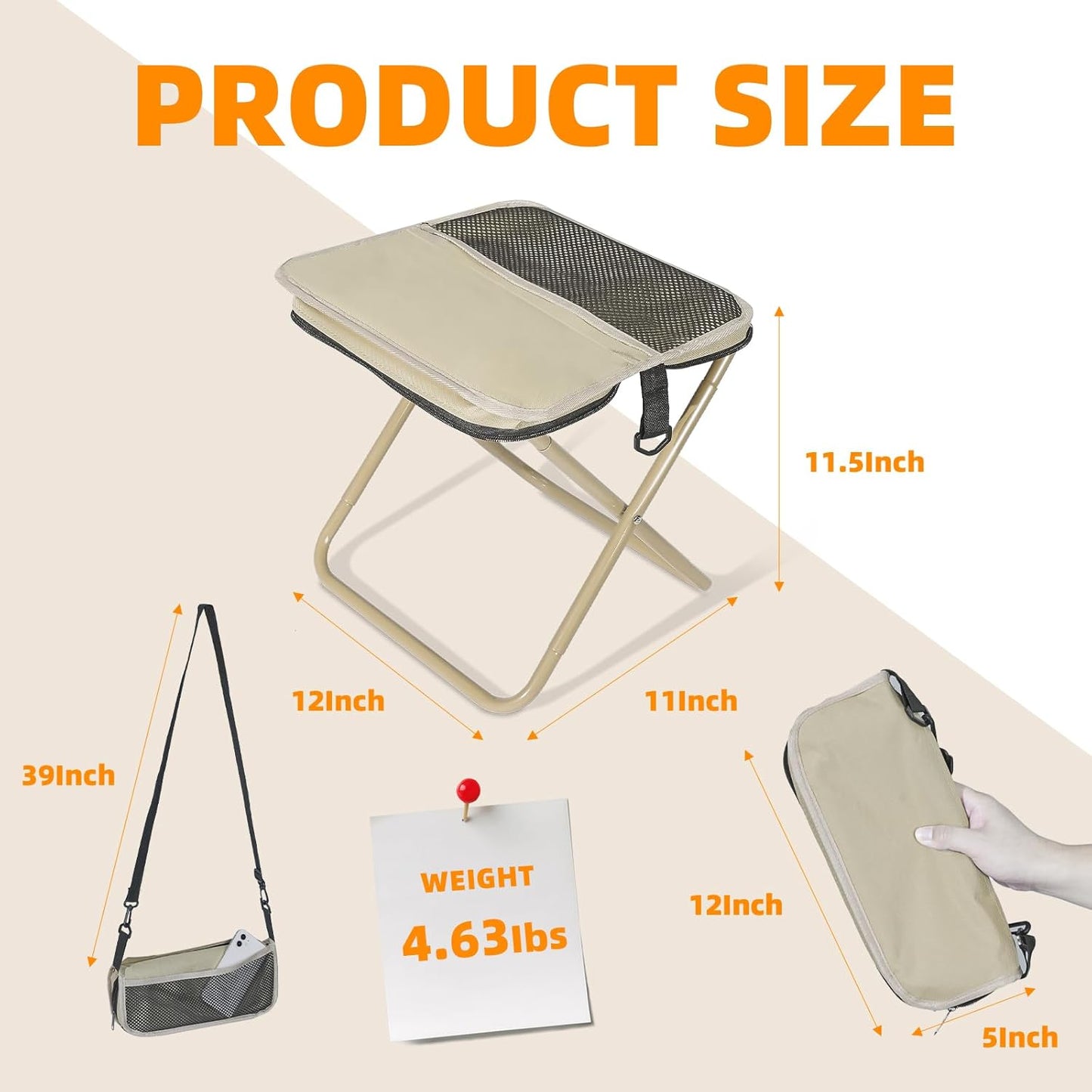 12 Inch Folding Stool & Crossbody Bag for Outdoor - Lightweight Collapsible Stool Purse Chair with 2 Pockets Small Portable Chair Camping Stools Hiking Fishing Beach Backpacking Gardening BBQ Picnics
