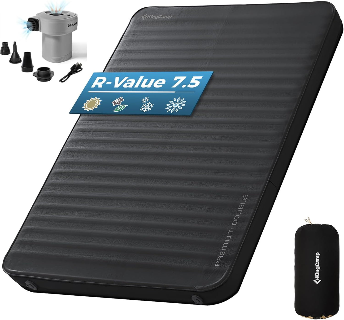 KingCamp Self Inflating Sleeping Pad for Camping, 7.5 R-Value Double Camping Mattress, Portable 4 Season Memory Foam Camping Mat with Pump & PVC-Free Fabric for Comfort Travel Car Tent Cot, Black