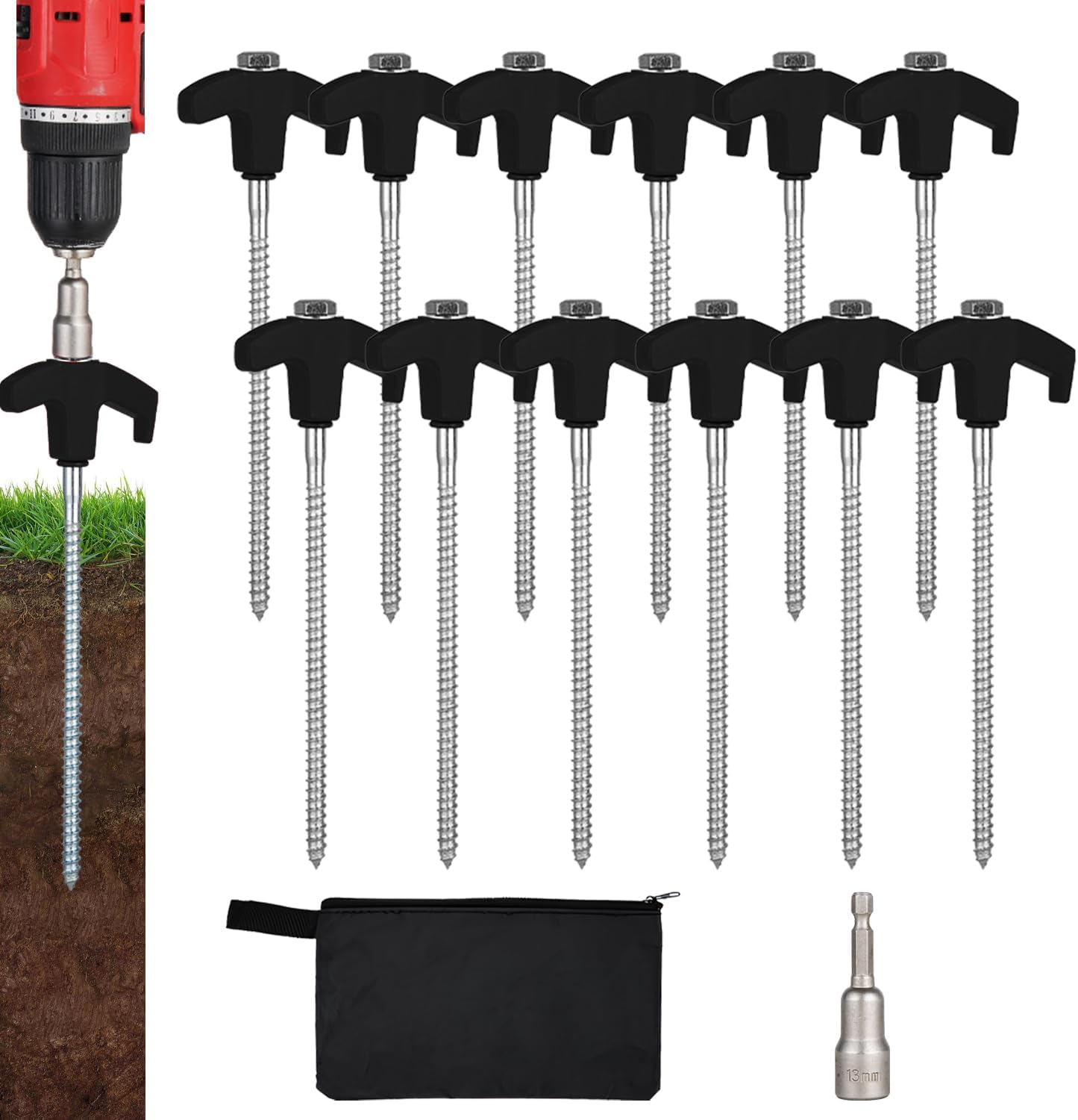 12 Pack Screw in Tent Stakes Heavy Duty,8 Inch Ground Anchors Screw in,Metal Stakes with Hex Head Driver,Camping Tent Accessories.(Black)