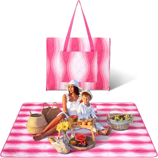 #WEJOY 3 in 1 Outdoor Picnic Blanket, Padded 5 Layers Beach Blanket, 80x60'', 4 Person, Easy to Fold, Waterproof for Lawn,Camping, Park (Pink)