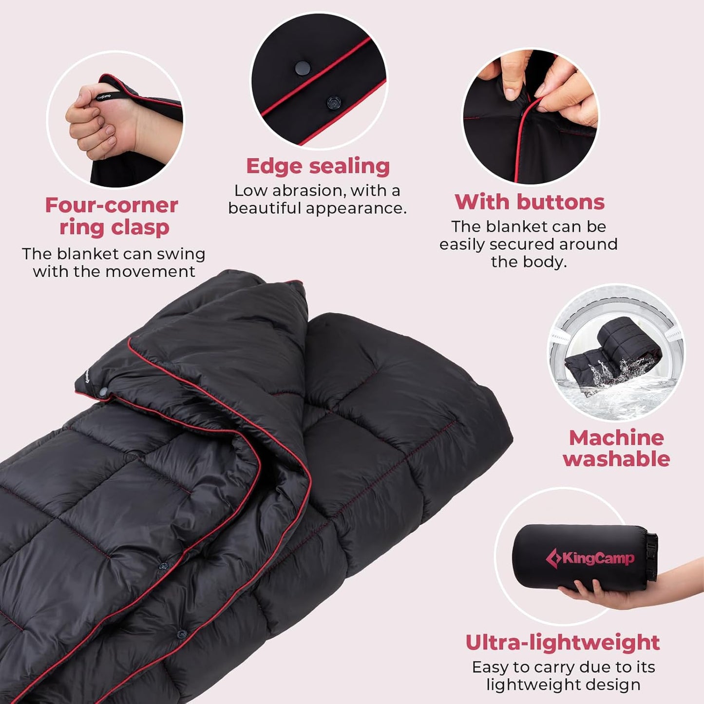 KingCamp Ultralight Camping Blanket, Packable Down Alternative Puffy Wearable Blankets Weatherproof Warm Package Quilt with Snap Buttons for Outdoor Hiking Travel Picnic Stadium (69" x 53", Black)