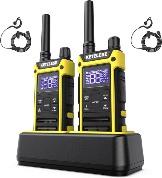 KETELESE T3 FRS IP67 Waterproof Walkie Talkies with USB Mini Charger, 1100mAh Rechargeable Batteries, NOAA Weather Alert, 2 Way Radio for Cruise Ships Surfing, 2pack, Black/Yellow