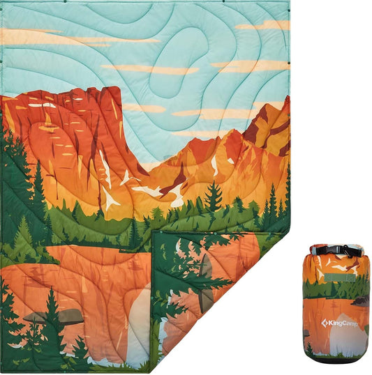 KingCamp Ultralight Camping Blanket, Packable Down Alternative Puffy Printed Wearable Blanket with Snap Buttons & Corner Loops Weatherproof Quilt for Outdoor Travel Stadium (79"L x 57"W, ORANGE/BLUE)