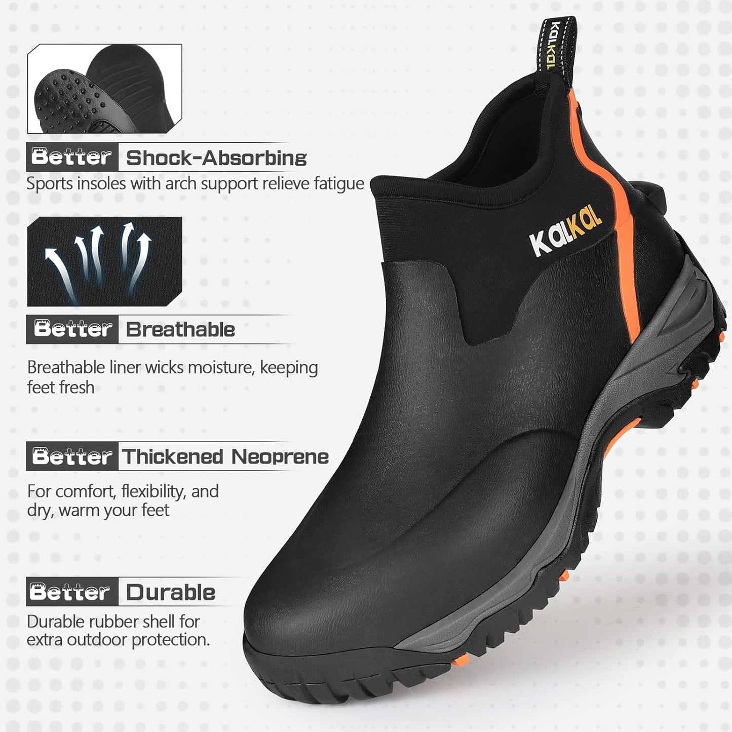 Kalkal Men's Rubber Boots, Waterproof Ankle Rain Boots, Insulated Working Booties with Comfortable Sports Sole, Outdoor Mud Boots for Yard Chore