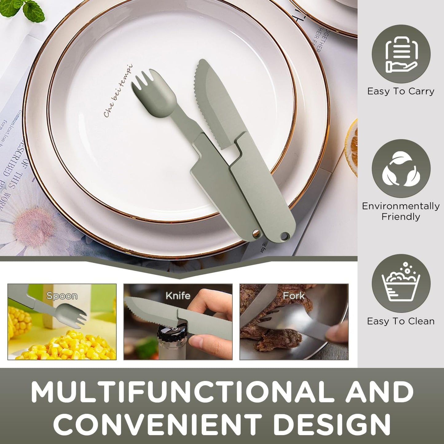 Kopak 2 in 1 Camping Eating Utensils Set,Reusable Magnetic Camping Utensils Set,Portable Detachable Folding Fork Spoon for Lunch,Hiking,Outdoor Survival,Travel Utensils(1Set)