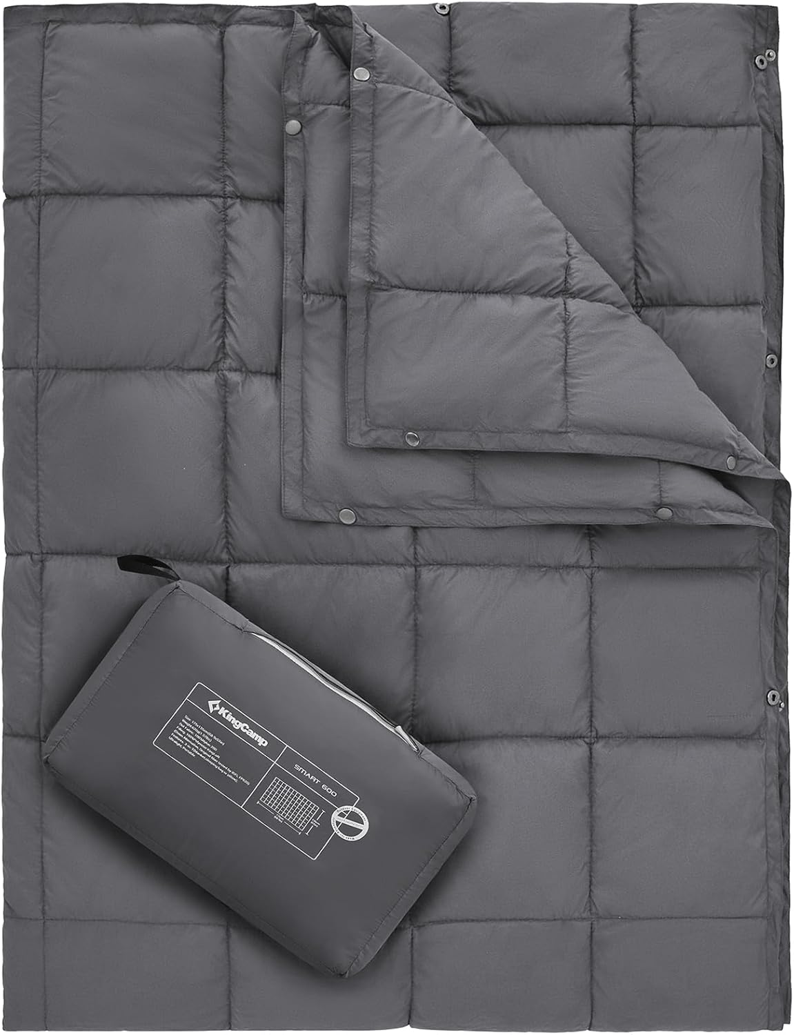 KingCamp Ultralight Camping Blanket, Packable Down Alternative Puffy Wearable Blankets Weatherproof Warm Package Quilt with Snap Buttons for Outdoor Hiking Travel Picnic Stadium (69" x 53", Charcoal)