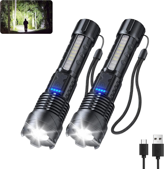 JIJ 2 Pack Rechargeable Flashlights High Lumens, 7 Modes LED Flashlight with IP67 Waterproof, Adjustable Handheld Tactical Flashlight for Camping, Home Emergency, Outdoor