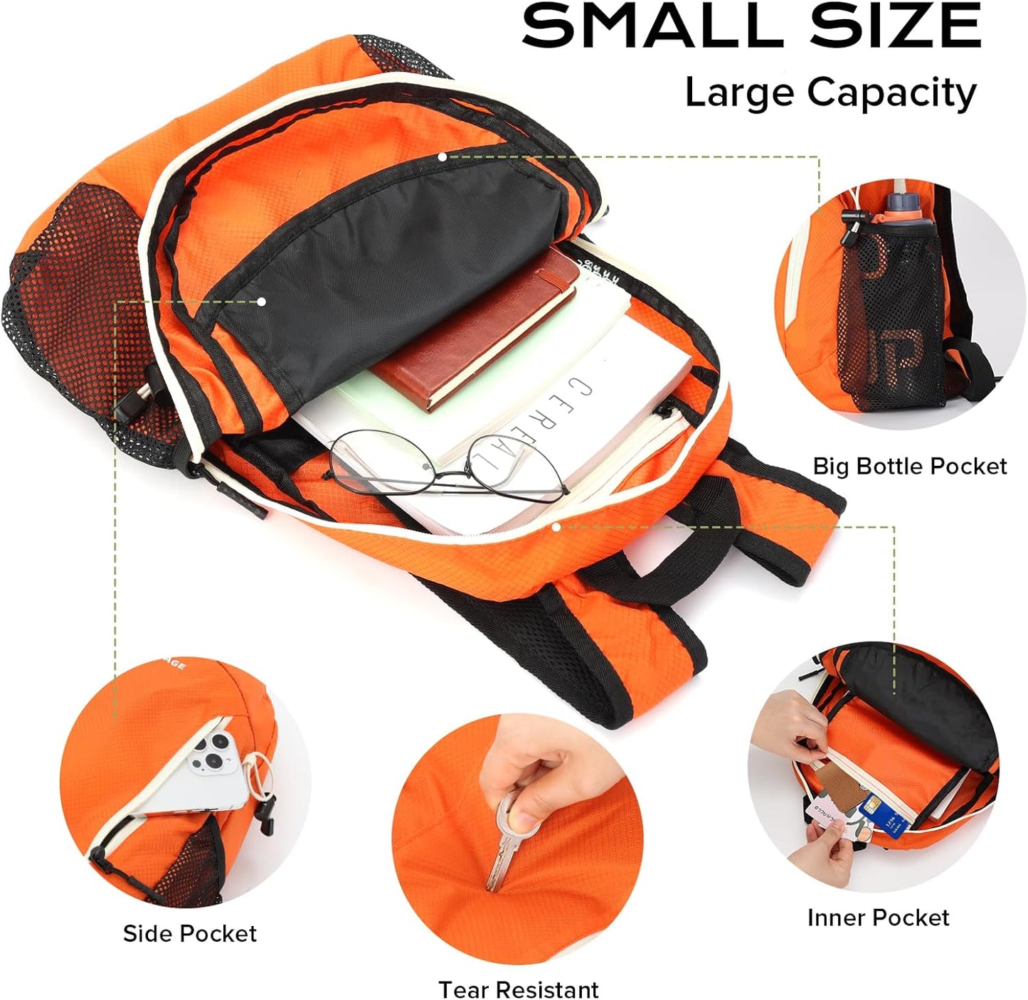 15L Water-resistant Hiking Daypack, Small Backpack Travel Outdoor, Lightweight Day Pack with Tool Loops