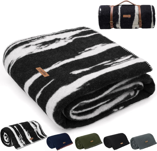 100% Wool Blanket, 48" x 62", Warm, Thick, Washable, Military Wool Blanket, Great for Camping, Outdoors, Sporting Events, Survival Kits,Black White Striped