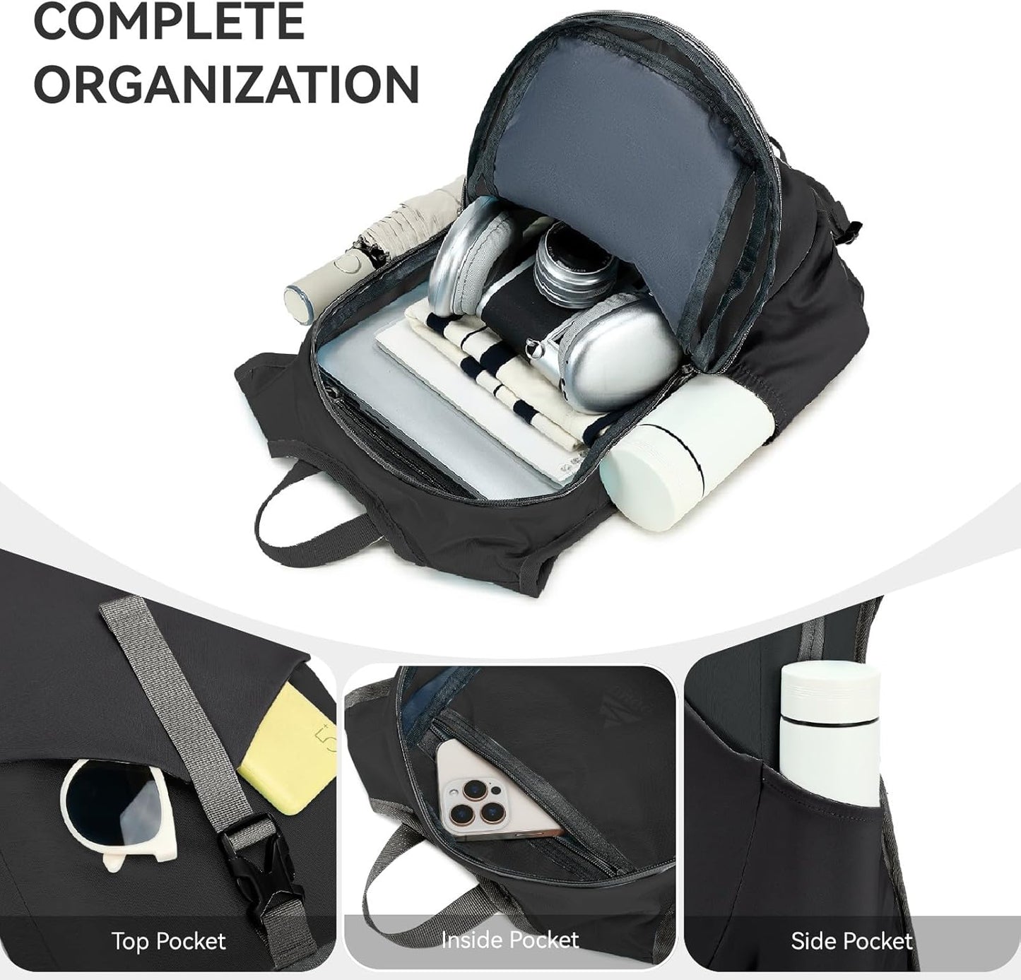 15L Small Hiking Backpack for Men Women Lightweight Packable Backpack Foldable Casual Daypack for Camping Travel Outdoor, Black