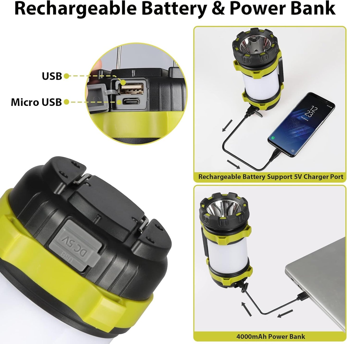 1 Pack Camping Lantern, Outdoor LED Camping Light, Rechargeable Flashlights with 1000LM, 6 Modes, 4000mAh Power Bank, IPX5 Waterproof Portable Emergency Camp Light for Hurricane Hiking - Green