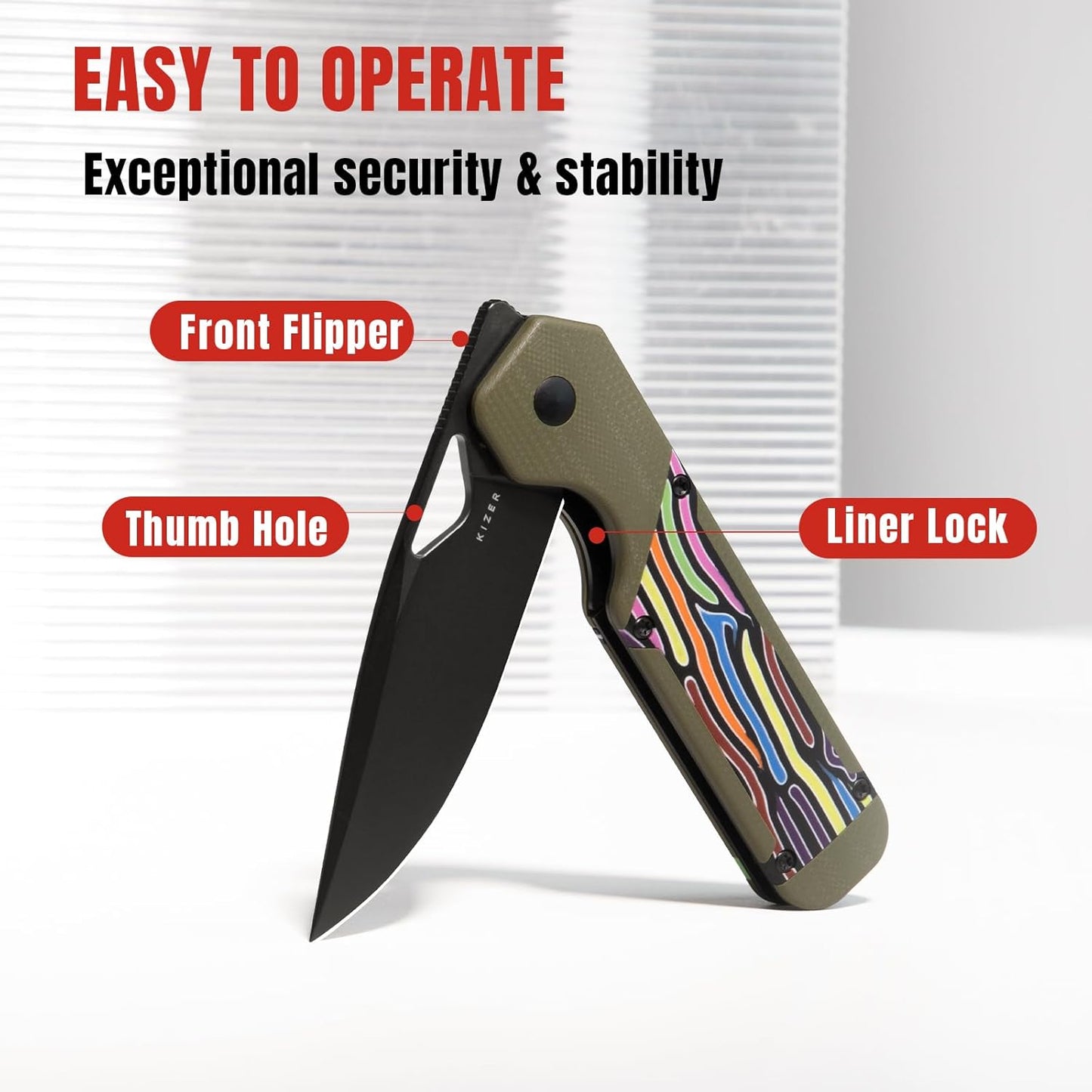 Kizer Militaw EDC Pocket Knife, 3.36'' Nitro V Blade Folding Knife, Stylish G10 Handle with Pocket Clip, Thumb Hole & Front Flipper Opener, Camping Hunting Knife for Men Women Gift V3634A3