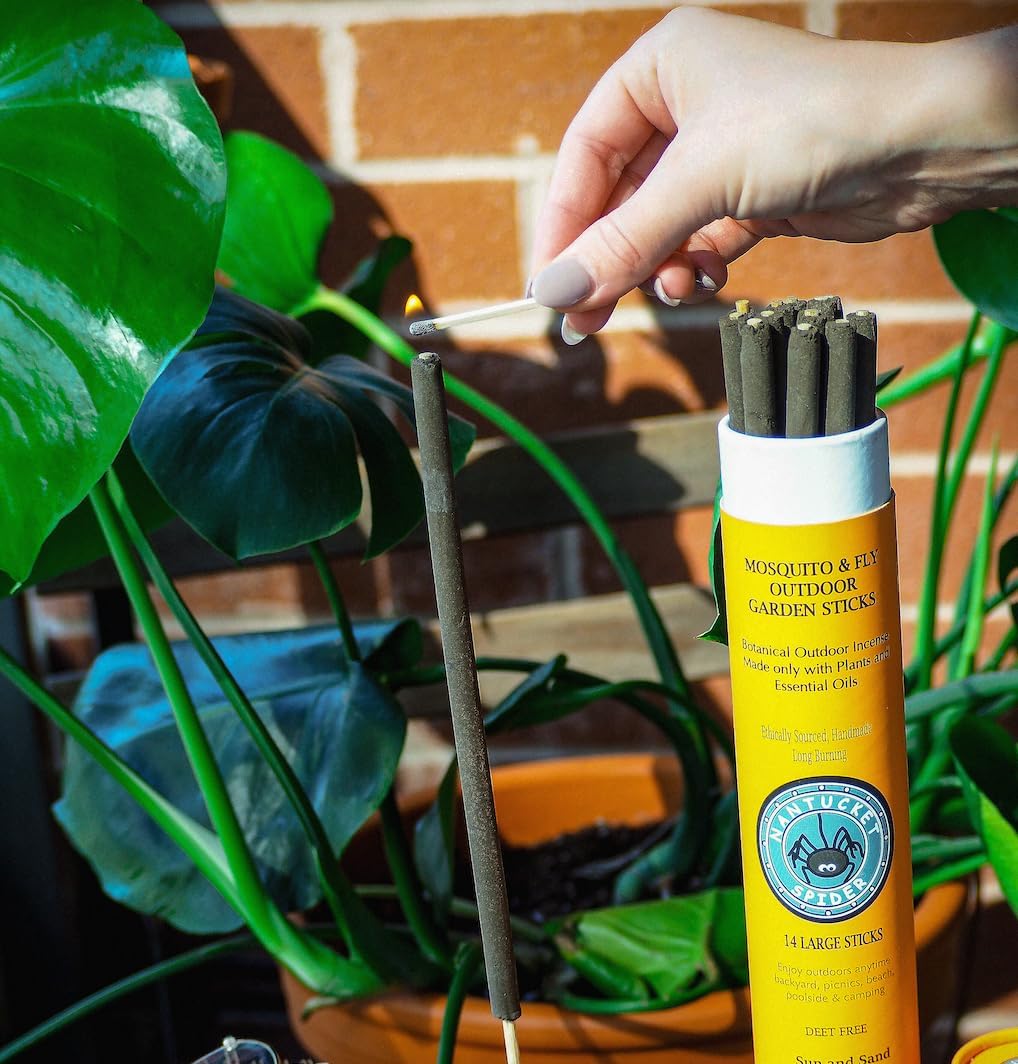 Nantucket Spider Bundle | Garden Repellent Sticks 14 Pack and Incense Stick Holder | Repels Mosquitoes & Flies | Long Lasting | Soapstone Block, Handmade Bamboo Based Sticks, Sun and Sand