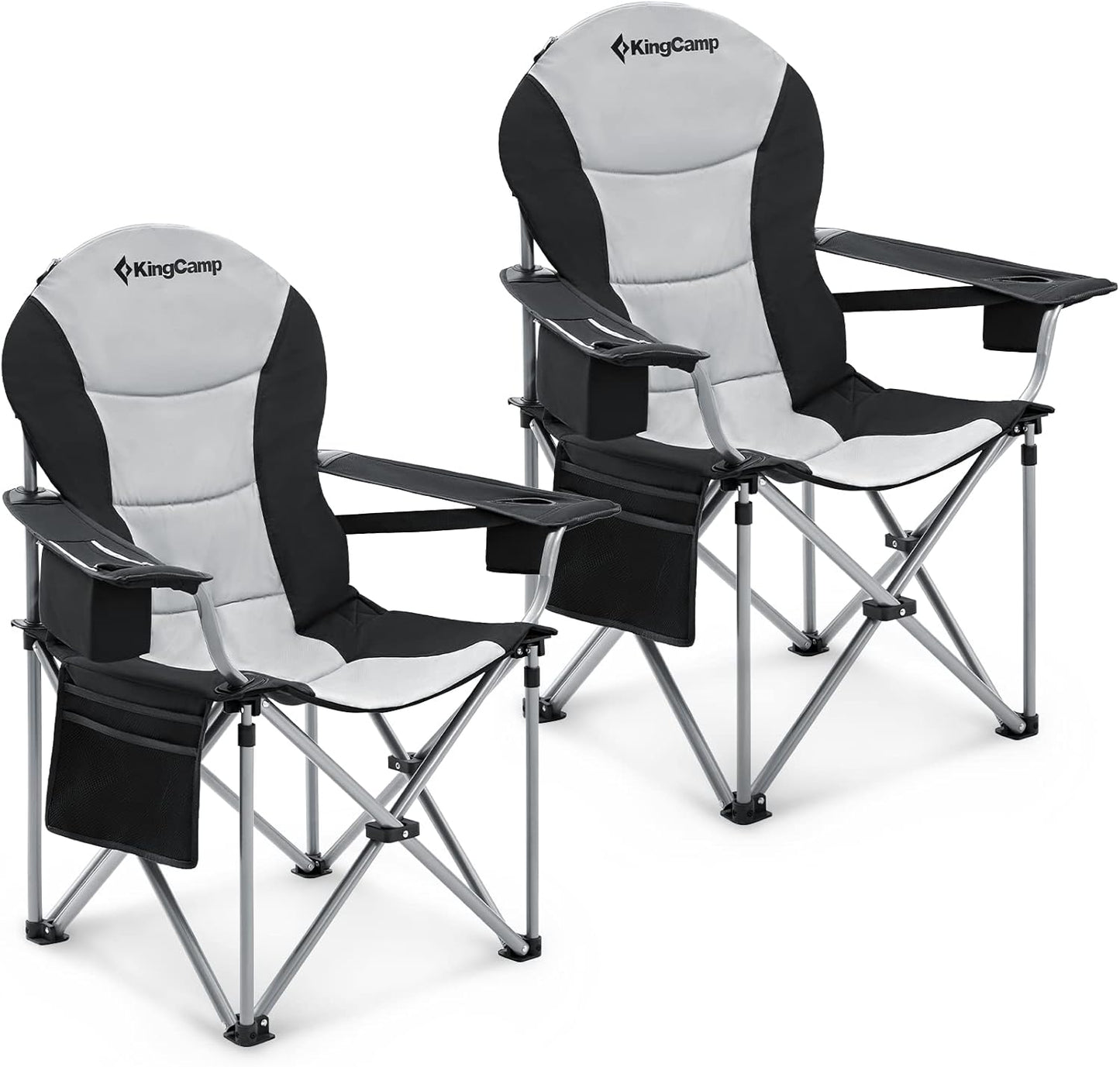 KingCamp Folding Portable Camping Chairs Oversized Padded Quad Arm Chair with Cooler Bag, Cup Holder and Side Pocket, Heavy Duty Supports 300 lbs for Outdoor, Lawn, Fishing, Sports