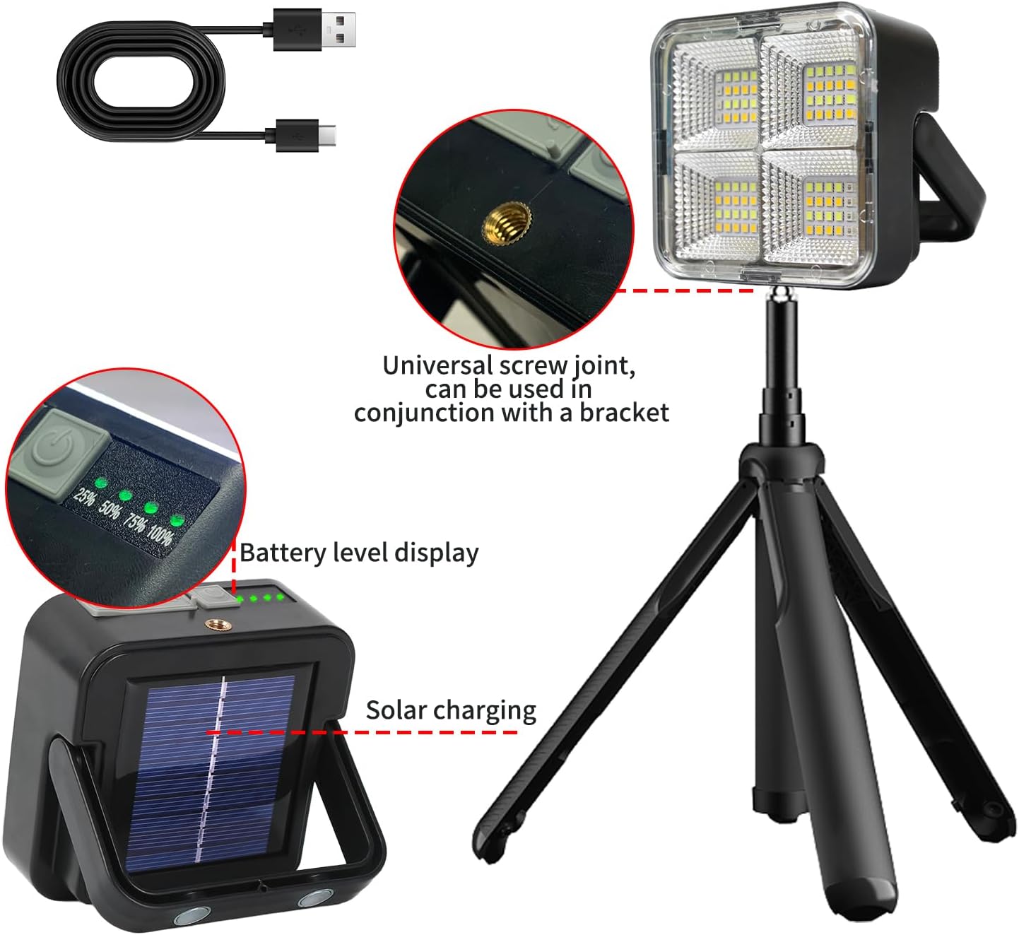 1 PCS Portable LED Camping Light, Solar Charging,USB Rechargeable Light, Black, 500 Lumen, Waterproof, Modern Style, Outdoor Use