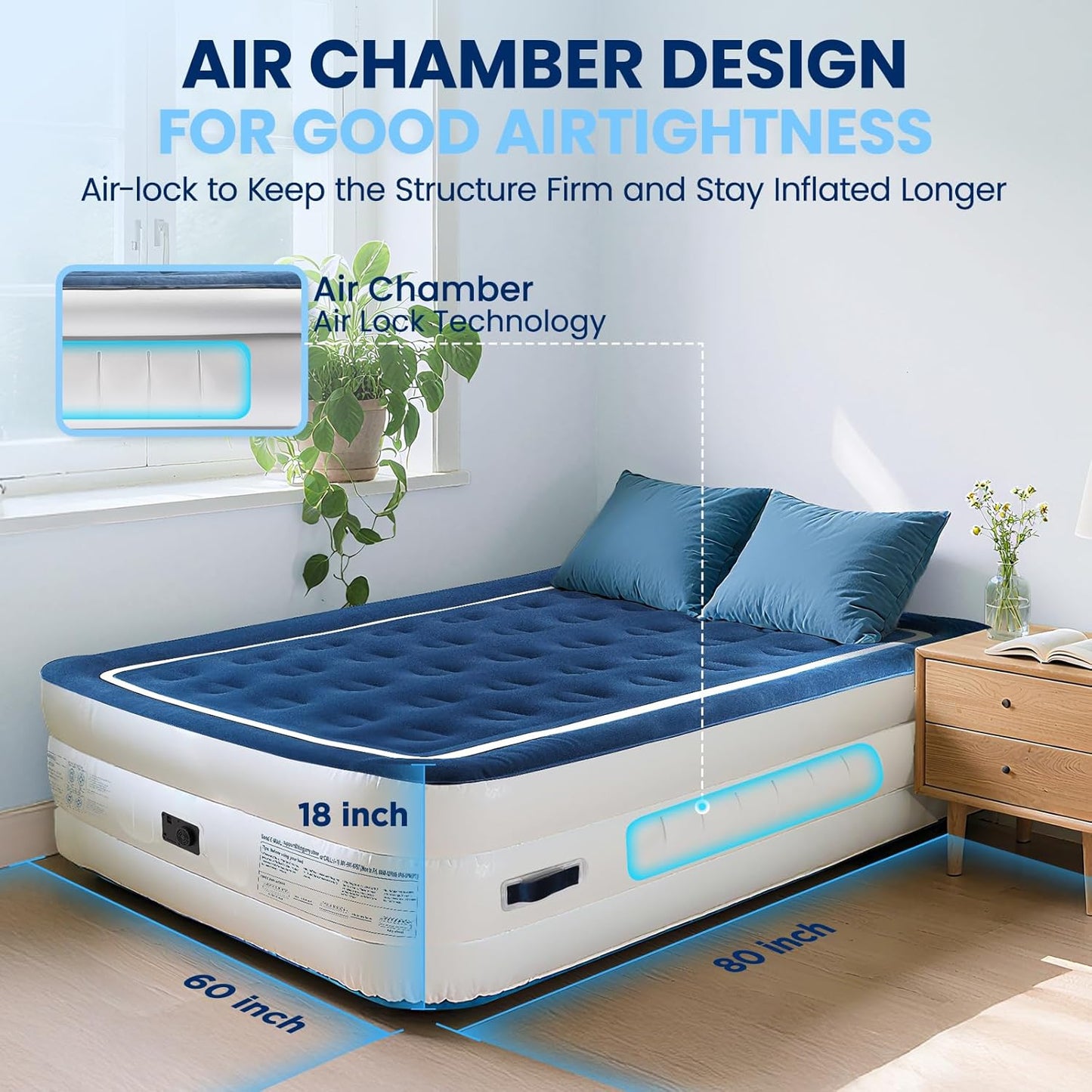 KINGJERRY Queen Air Mattress with Built in Pump, 4 Portable Handles, 18" Raised Comfort, Leak-Tested, Anti-collapse Design, 3 Mins Inflation, 800lb Support Inflatable Mattress for Home Guest & Camping